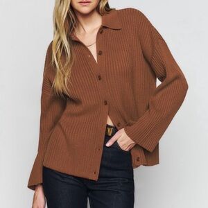 Reformation Women’s Fantino Cashmere Collared Cardigan Ribbed Size S in Brown
